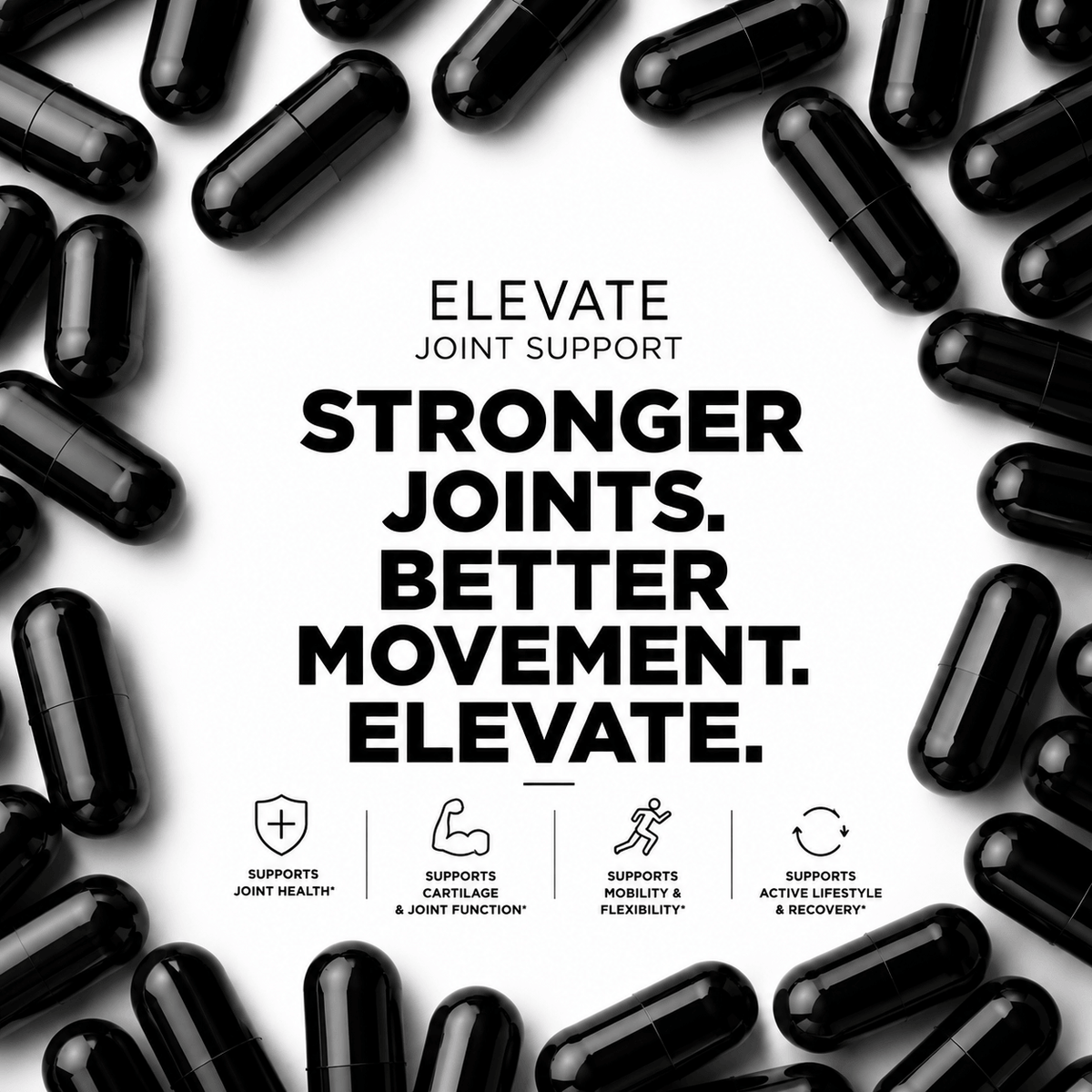 ElevateJoint Support Capsules with glucosamine, chondroitin, and MSM in a white bottle with capsules inside.
