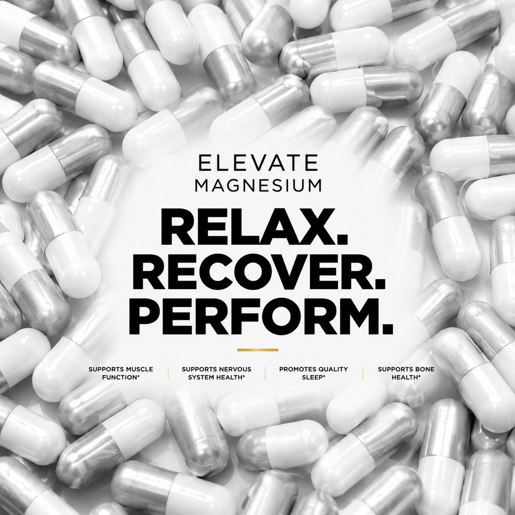 Bottle of Elevate Magnesium Bisglycinate supplement from ElevateSupplementsNI with label and cap visible.