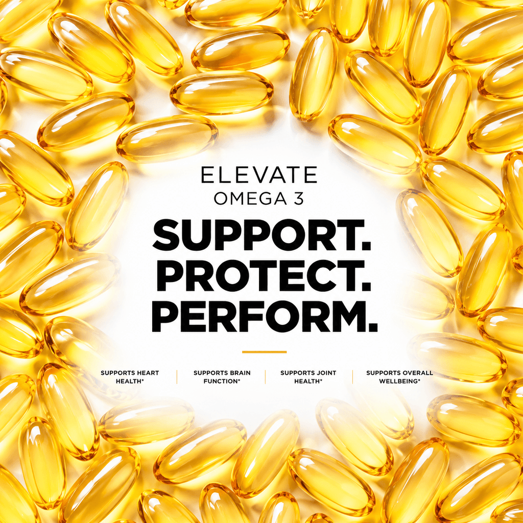 Elevate Omega 3 supplement bottle showing high-strength EPA and DHA capsules, designed for cardiovascular health.