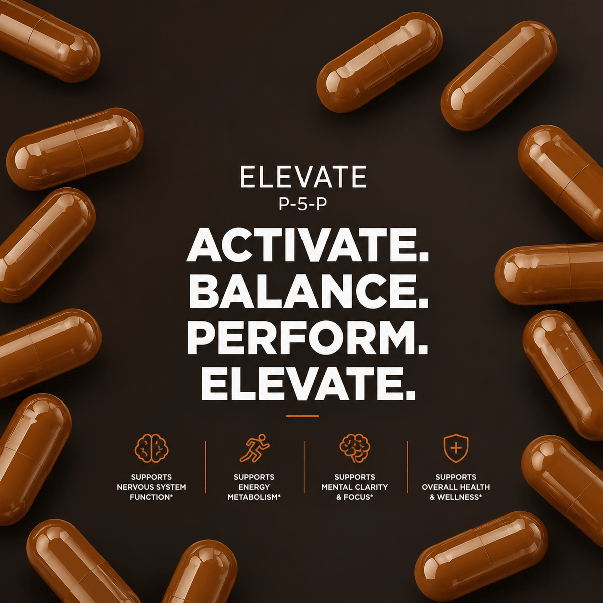 Bottle of Elevate P-5-P Active Vitamin B6 supplement by ElevateSupplementsNI, showing the label and capsule details.