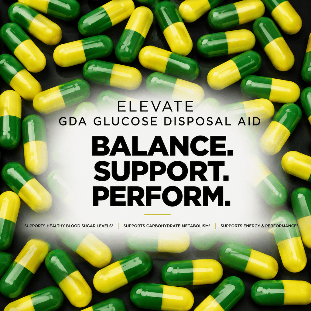 Elevate GDA glucose disposal agent supplement with berberine from ElevateSupplementsNI, showing the product bottle and label.