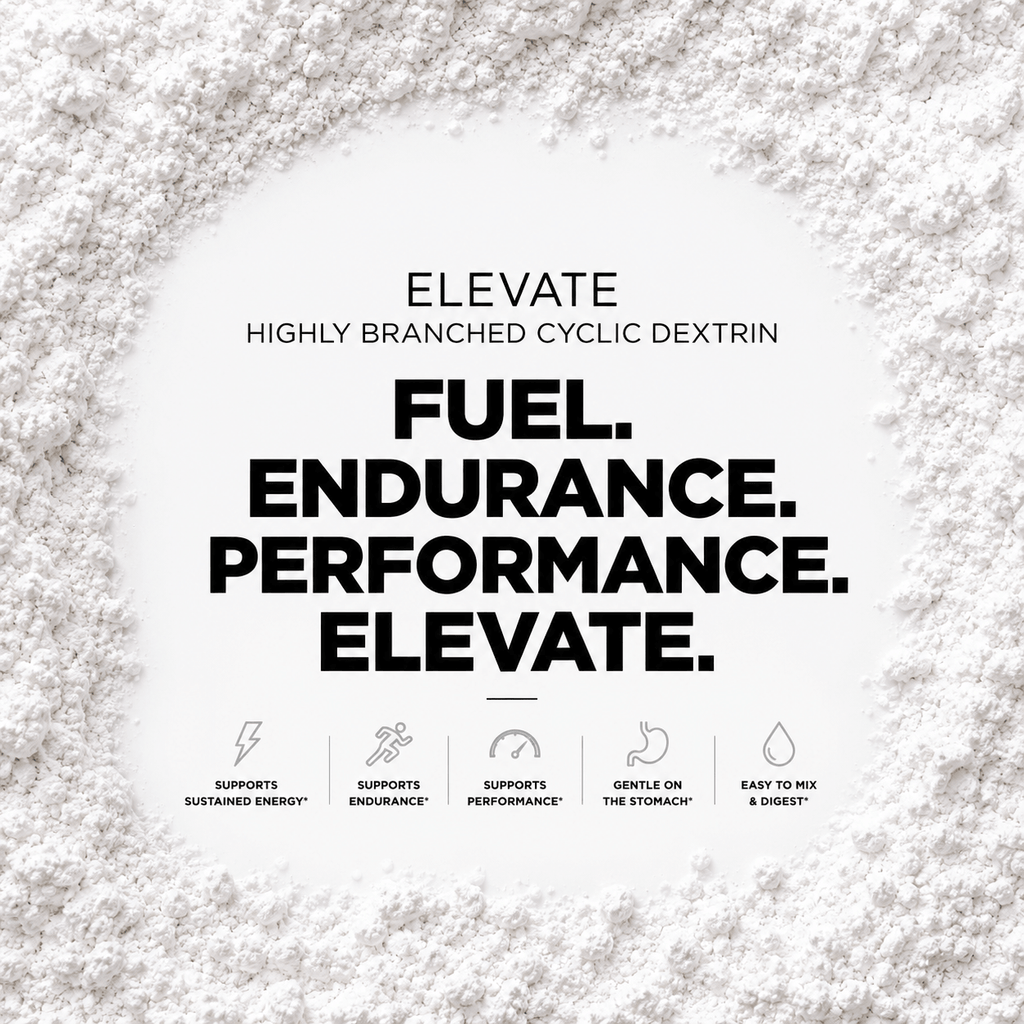 Elevate Highly Branched Cyclic Dextrin supplement in 1kg bag, premium HBCD powder with a white and clear packaging design.
