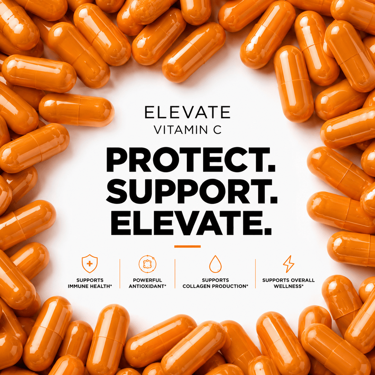 ElevateVitamin C 1000mg high strength supplement bottle with orange capsules and label, from ElevateSupplementsNI.