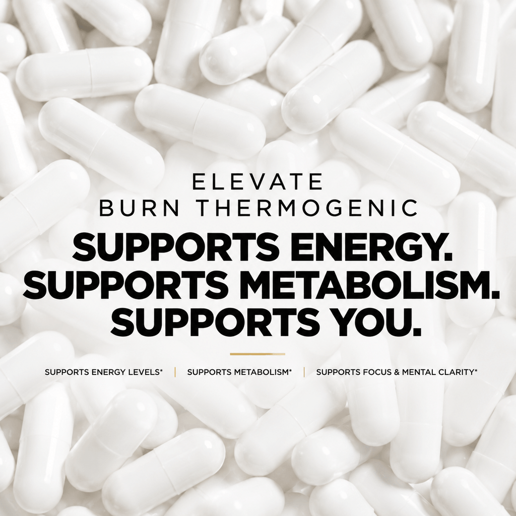 ElevateBurn thermogenic fat burner capsules by ElevateSupplementsNI, showing a bottle of dietary supplement capsules for weight loss.
