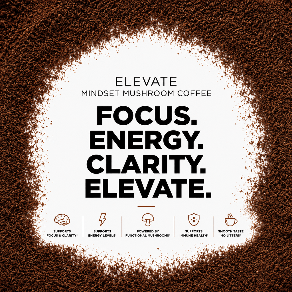 Elevate Mushroom Coffee by ElevateSupplementsNI featuring a package with mushrooms and Lion's Mane for mental focus and adaptogenic benefits.