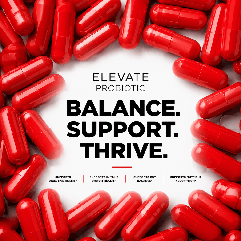 Elevate Probiotic Complex by ElevateSupplementsNI showing a bottle of multi-strain probiotics with capsules inside.