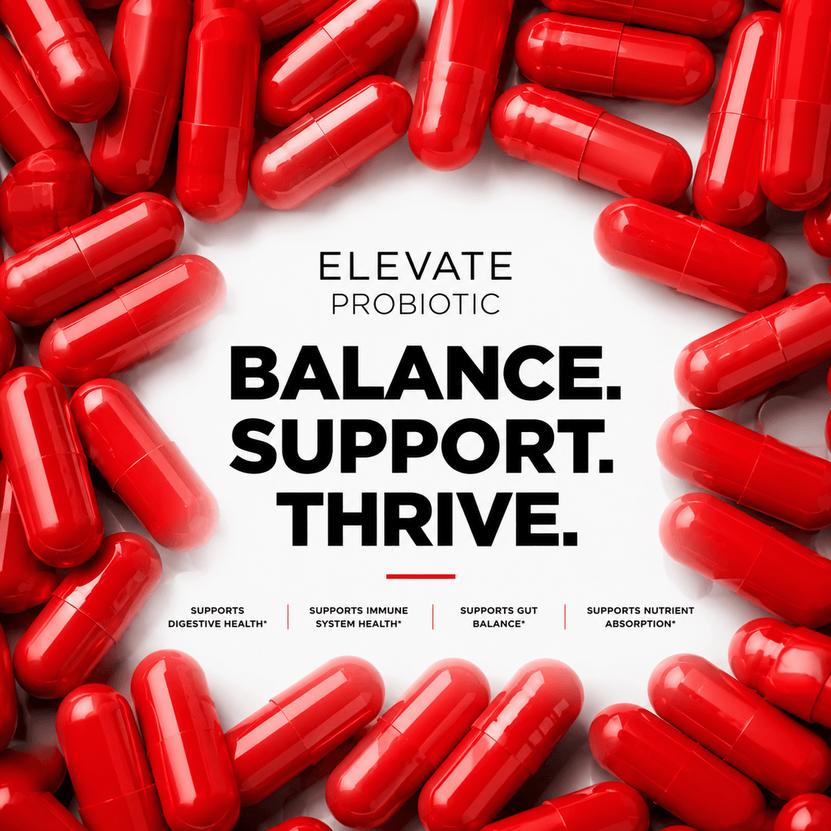 Elevate Probiotic Complex by ElevateSupplementsNI showing a bottle of multi-strain probiotics with capsules inside.