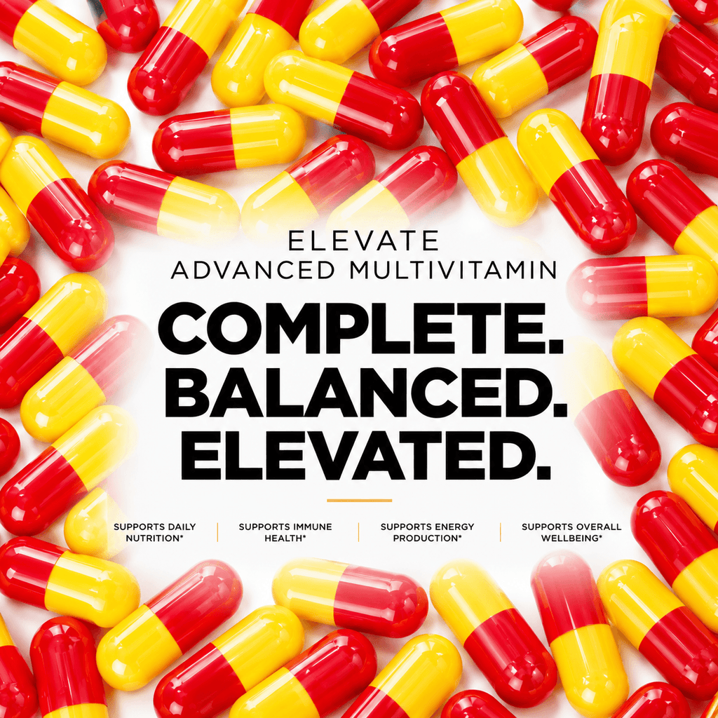 Elevate Multi-Vitamin bottle featuring colorful capsule pills, representing daily vitamins and minerals from ElevateSupplementsNI.