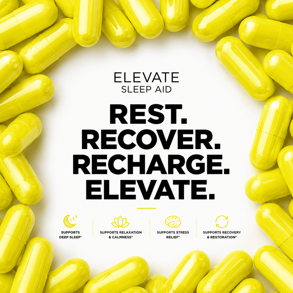 Elevate Sleep Aid bottle from ElevateSupplementsNI with capsules containing 5-HTP, magnesium, and L-theanine for restful sleep