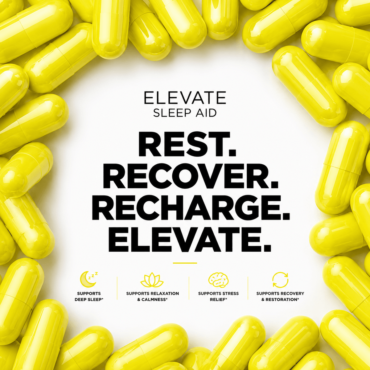 Elevate Sleep Aid bottle from ElevateSupplementsNI with capsules containing 5-HTP, magnesium, and L-theanine for restful sleep