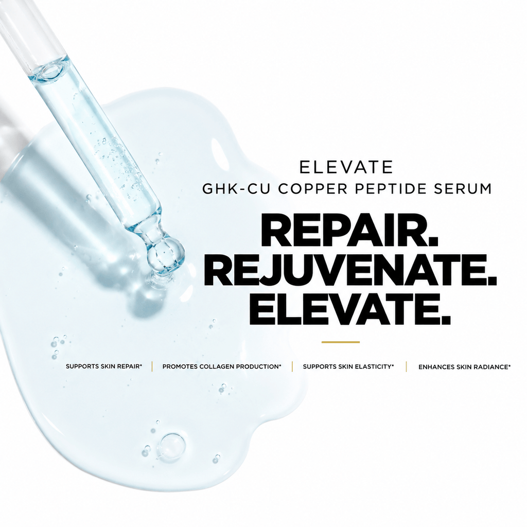Elevate Copper Peptide Serum from ElevateSupplementsNI, a skin renewal formula in a sleek dropper bottle with a white label.