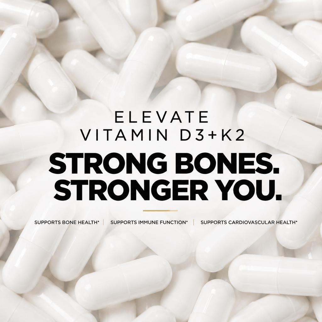 Elevate Supplements Elevate D3 + K2 5000 IU bottle with capsules, high-strength vitamin D3 and K2 supplement for bone health