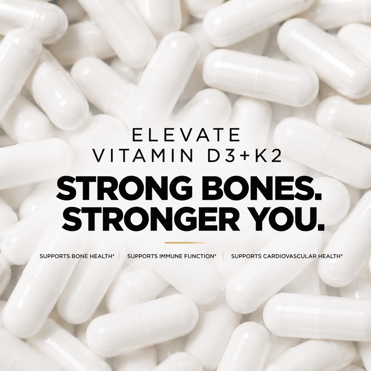 Elevate Supplements Elevate D3 + K2 5000 IU bottle with capsules, high-strength vitamin D3 and K2 supplement for bone health