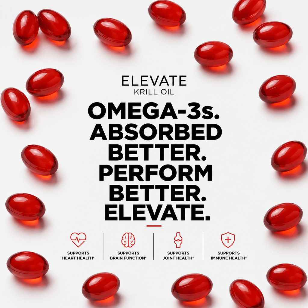Elevate Krill Oil 3000mg supplement bottle with capsules, featuring Astaxanthin, Omega-3, EPA, and DHA from ElevateSupplementsNI