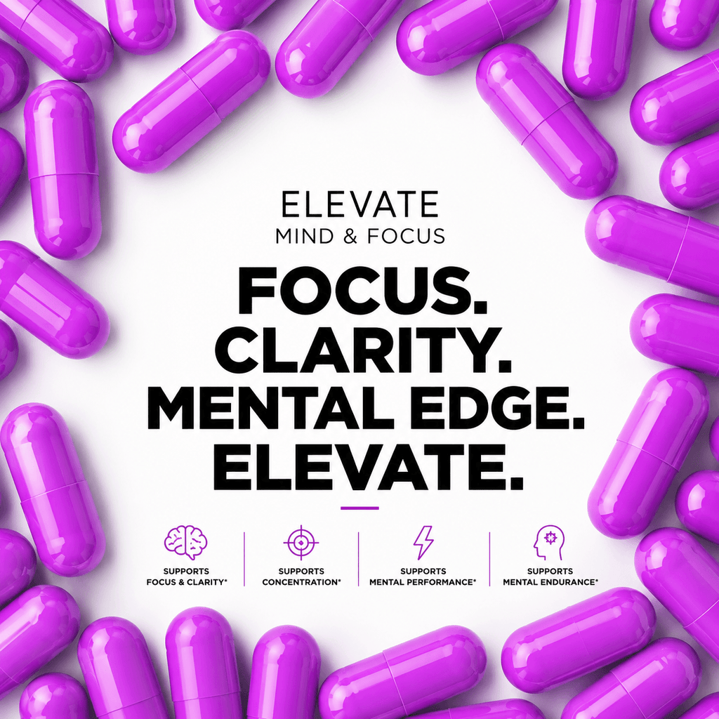 Elevate Mind & Focus supplement by ElevateSupplementsNI featuring capsules containing Alpha GPC and Acetyl-L-Carnitine for mental clarity