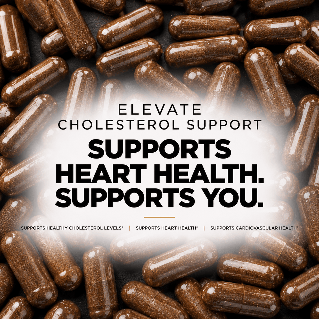 Elevate Cholesterol Support supplement bottle featuring bergamot and beta-sitosterol, with green and white label design.