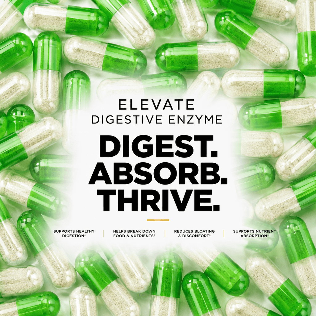 Elevate Digestive Enzyme Complex bottle with label showing multi-enzyme formula by ElevateSupplementsNI.