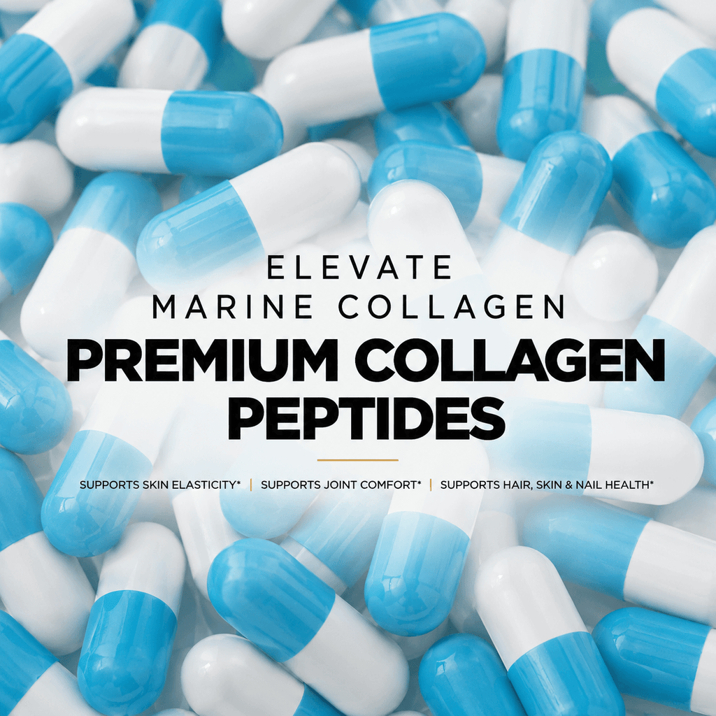 Elevate Marine Collagen supplement bottle featuring hyaluronic acid, vitamin C, and biotin from ElevateSupplementsNI.