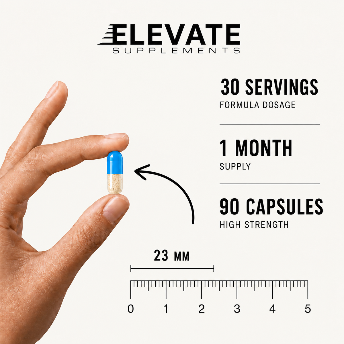 Elevate Supplements cortisol support supplement bottle featuring Rhodiola, L-Theanine, and Magnesium capsules on a white background.