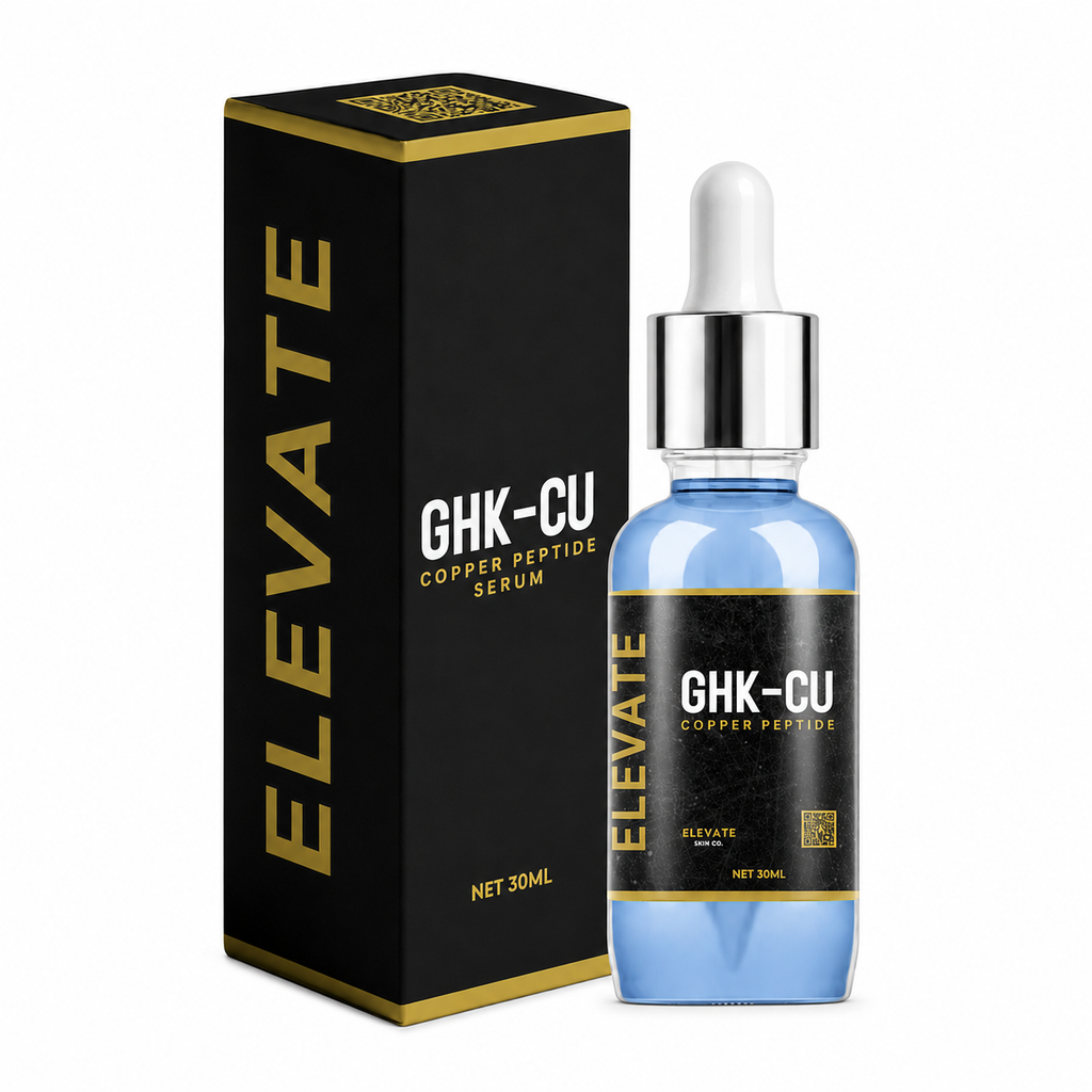Elevate Copper Peptide Serum by ElevateSupplementsNI, a skin renewal formula in a sleek dropper bottle with copper-colored accents.