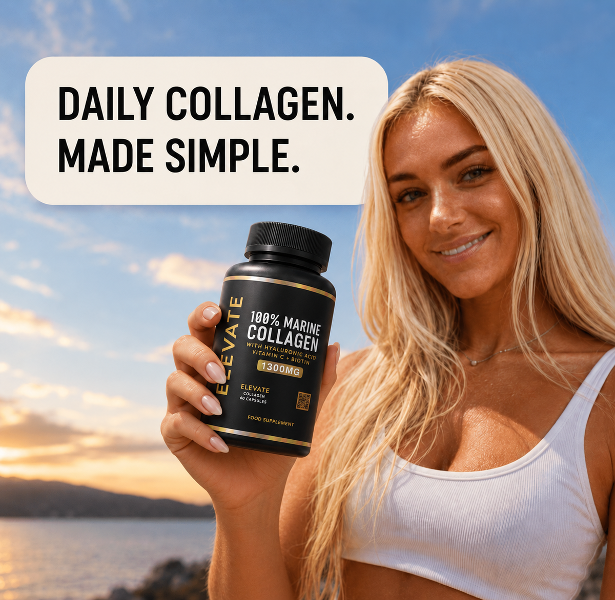 Bottle of Elevate Marine Collagen supplement with hyaluronic acid, vitamin C, and biotin from ElevateSupplementsNI.