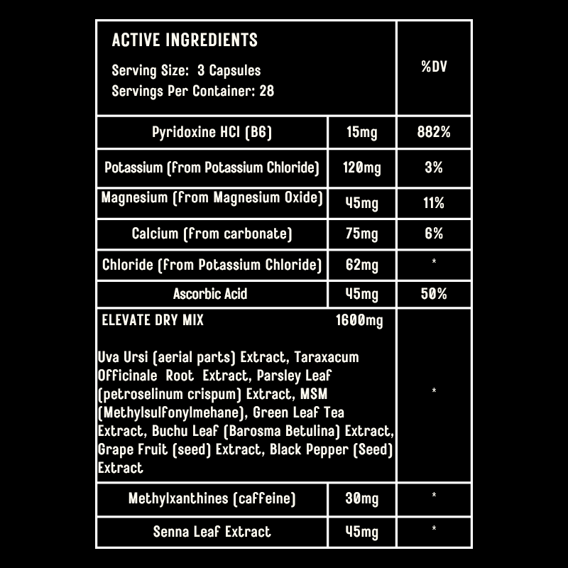 Elevate Dry water balance and definition supplement from ElevateSupplementsNI, featuring the product bottle with label and cap.
