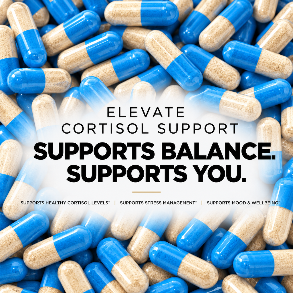 Bottle of Elevate Cortisol Support supplements by ElevateSupplementsNI with Rhodiola, L-Theanine, and Magnesium capsules.