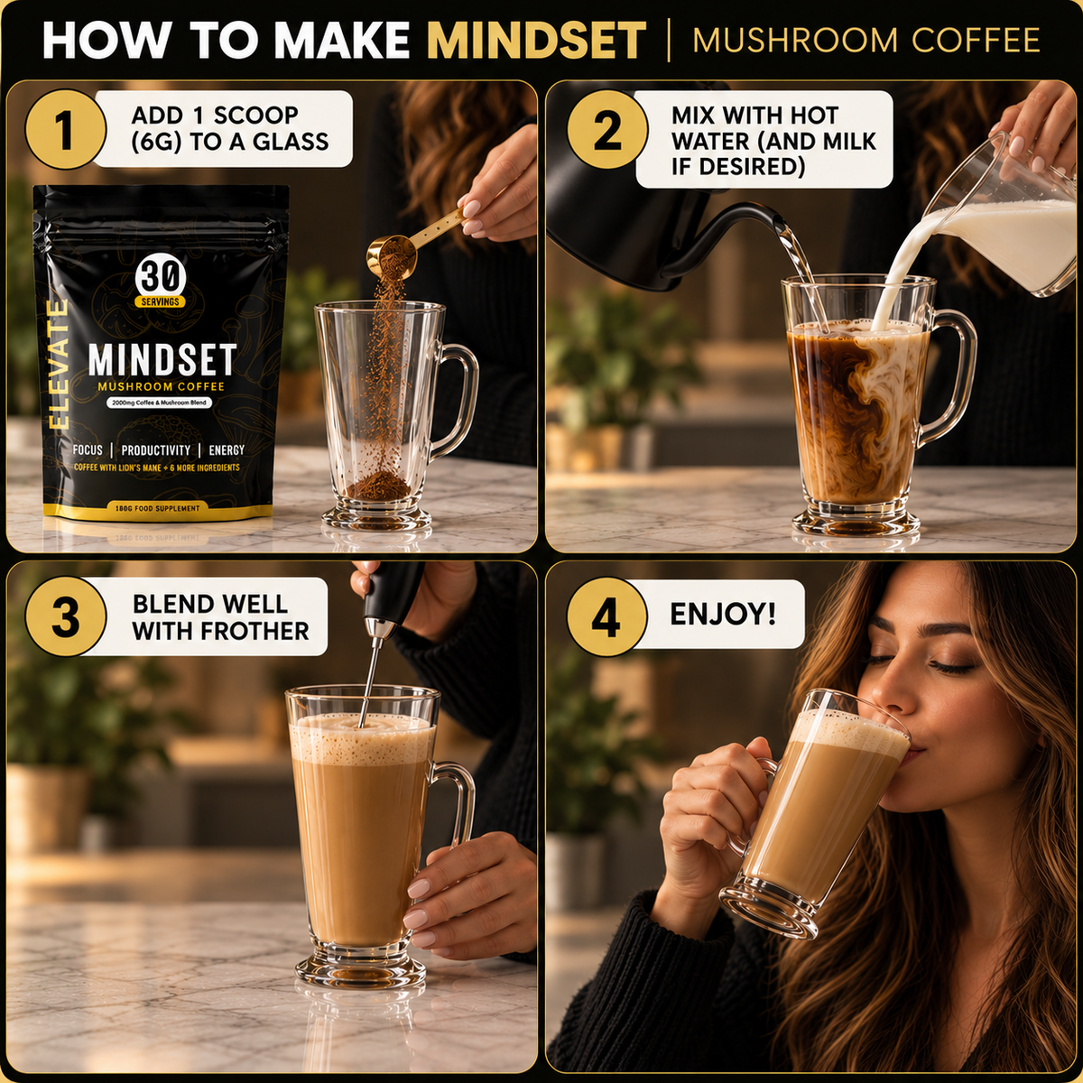 Elevate Mindset Mushroom Coffee by Elevate Supplements in a 180g bag, showing the coffee packaging with mushroom imagery and product details.