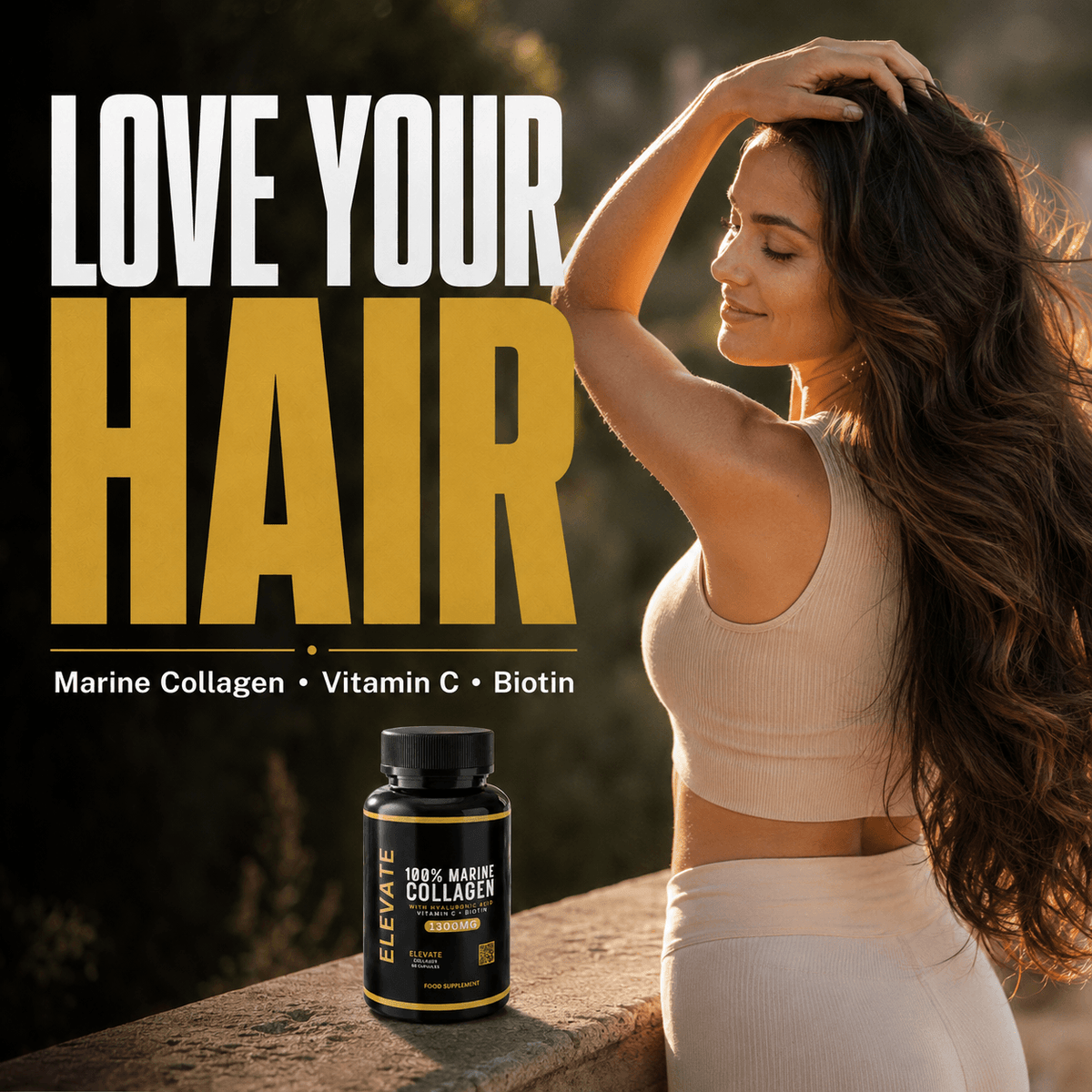 Elevate Marine Collagen supplement bottle featuring ingredients like hyaluronic acid, vitamin C, and biotin, with supplement tablets.