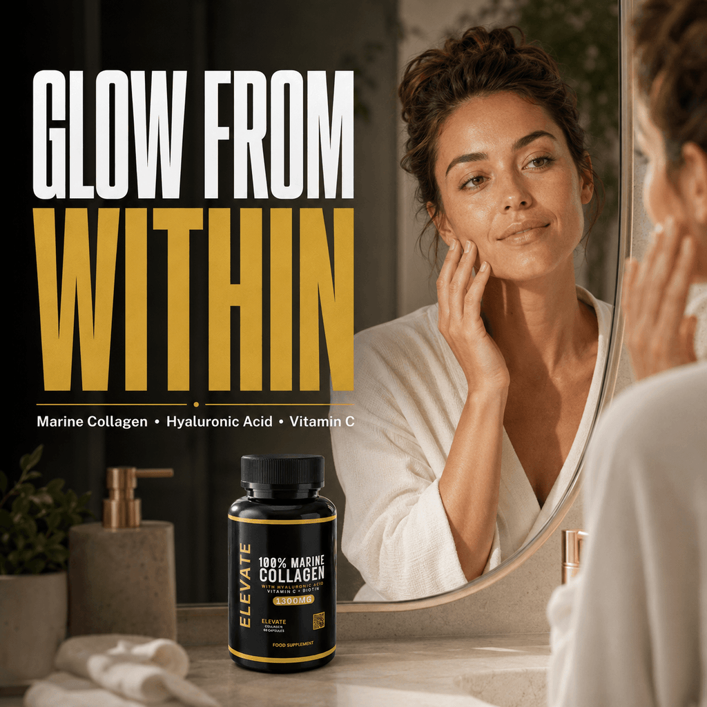 Elevate Marine Collagen supplement with hyaluronic acid, vitamin C, and biotin, featuring a white bottle with colorful label.