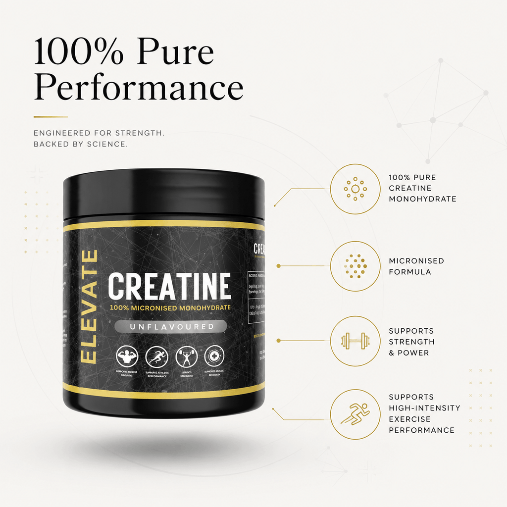 Container of Elevate Supplements NI 100% pure micronized creatine monohydrate powder, 500g, shown in a clear plastic jar.