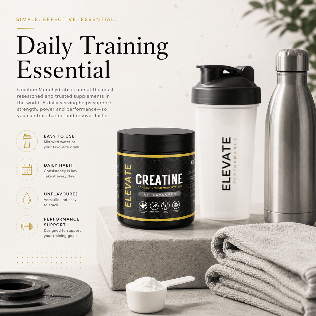 Elevate Creatine Monohydrate powder in a 500g container, micronised for better absorption, used for muscle energy and strength.
