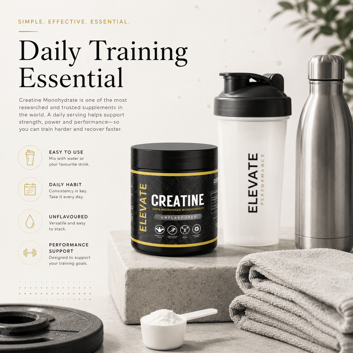 Elevate Creatine Monohydrate powder in a 500g container, micronised for better absorption, used for muscle energy and strength.