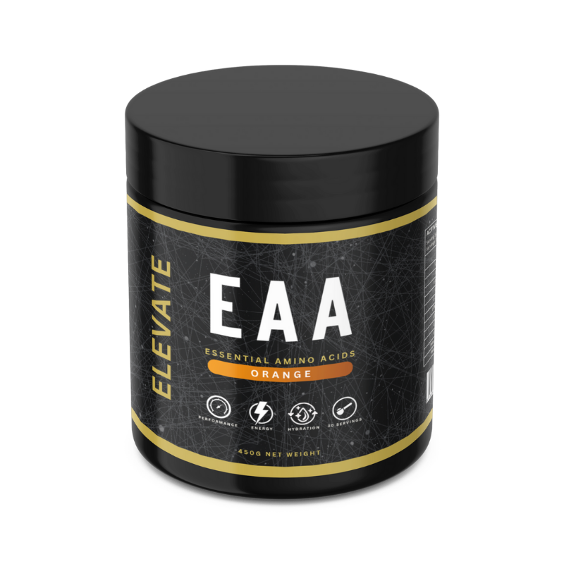 Elevate Essential Amino Acids and Electrolytes powder in orange flavor, 450g jar, from ElevateSupplementsNI.