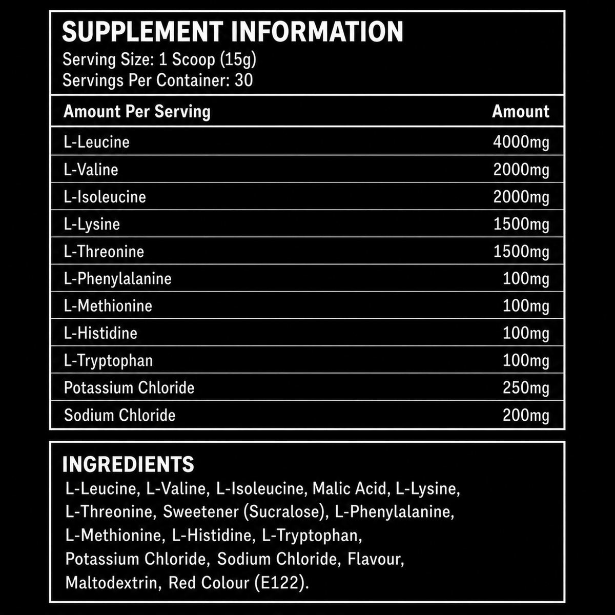 Elevate Essential Amino Acids supplement container with nutrition facts label, highlighting EAAs and electrolytes for muscle recovery and hydration.