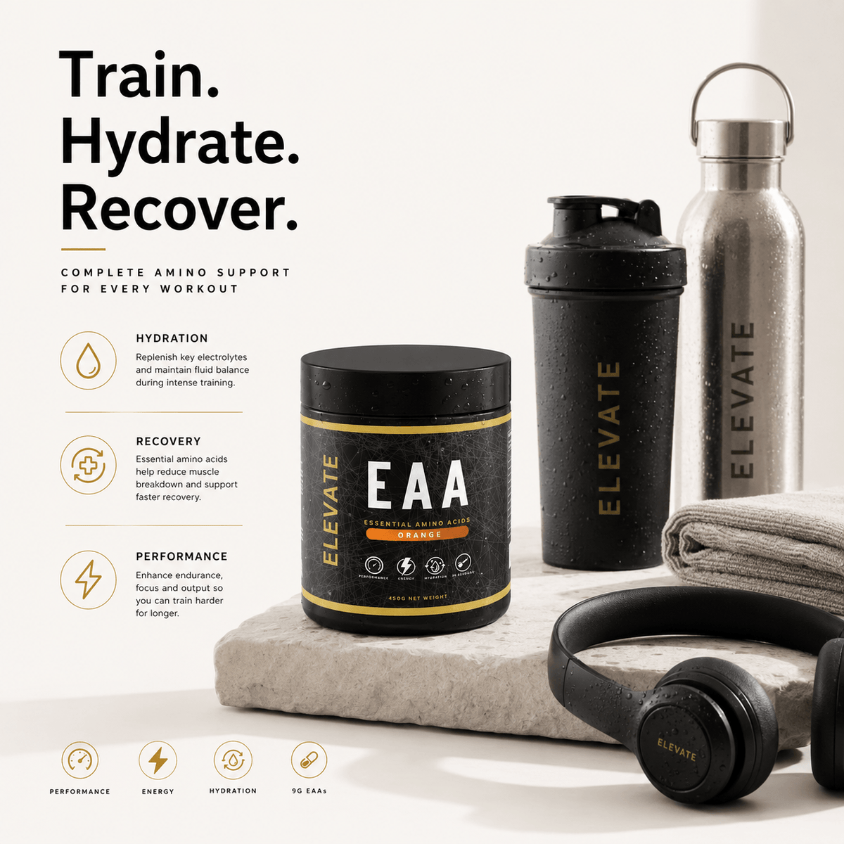 Elevate Essential Amino Acids and electrolytes powder in a 450g container, designed for hydration, training, and recovery.