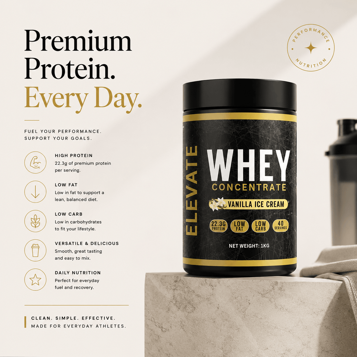 Elevate Whey Protein vanilla ice cream flavor in 1kg container, high protein formula from ElevateSupplementsNI.
