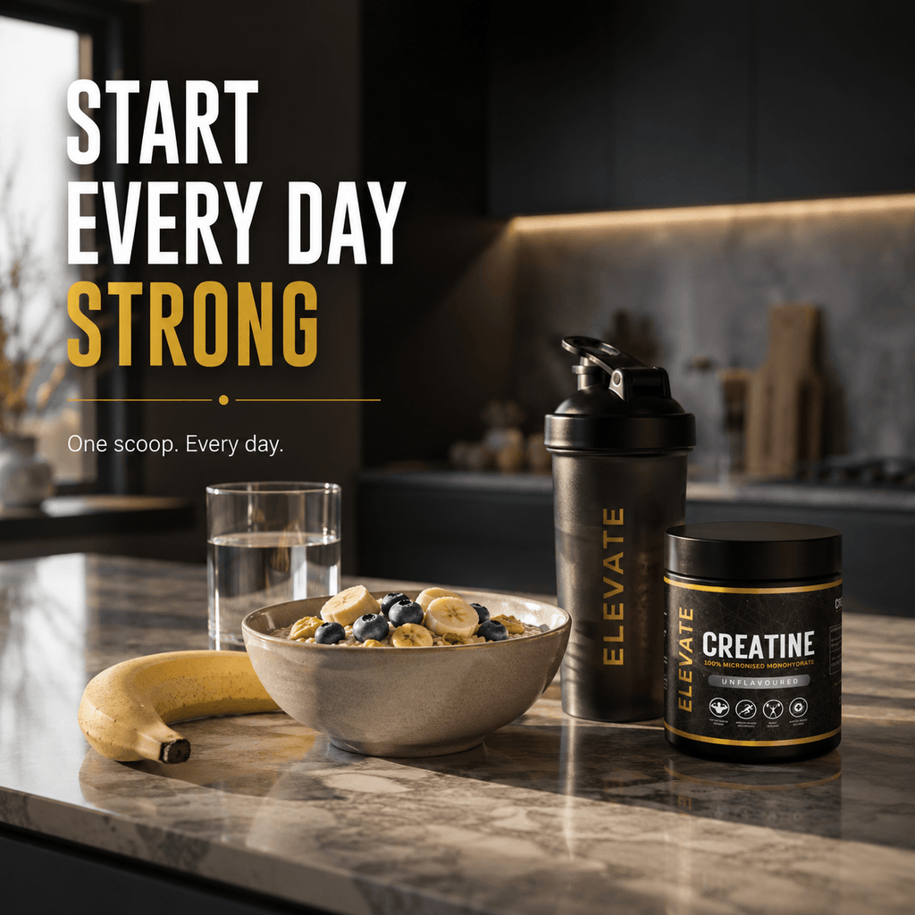 Elevate Creatine Monohydrate 500g container with label, showcasing micronised pure creatine supplement for muscle strength and endurance.