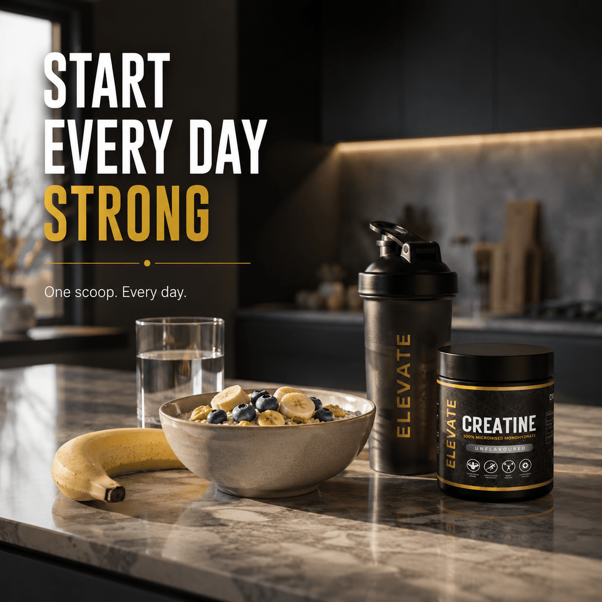 Elevate Creatine Monohydrate 500g container with label, showcasing micronised pure creatine supplement for muscle strength and endurance.