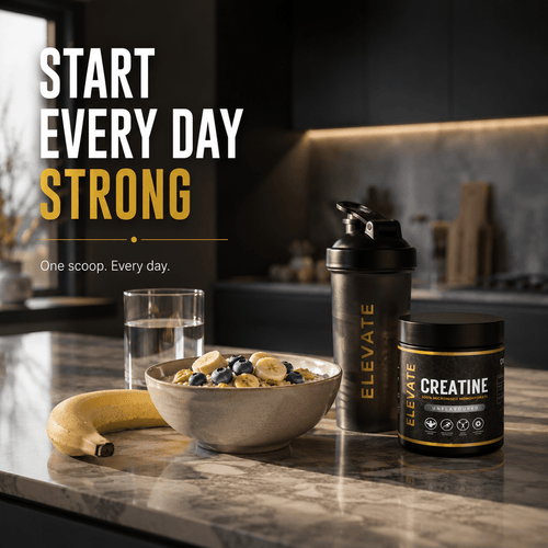 Elevate Creatine Monohydrate 500g container with label, showcasing micronised pure creatine supplement for muscle strength and endurance.