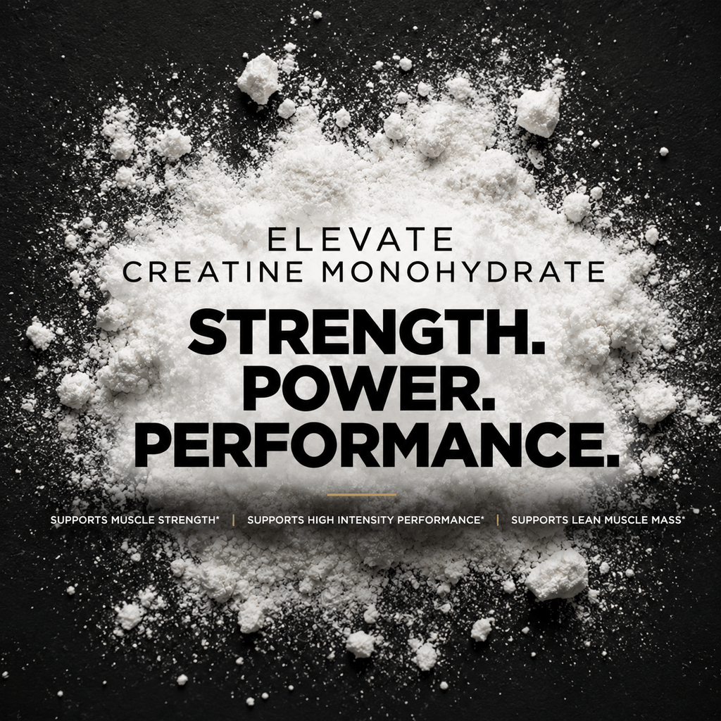 Elevate Creatine Monohydrate 500g container, showing micronised pure creatine powder for strength and performance.