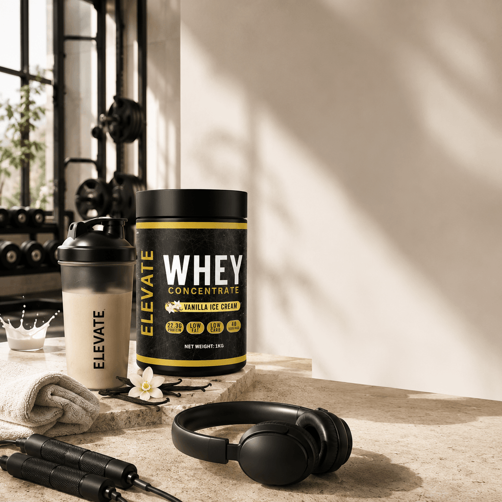 Elevate Whey Protein vanilla ice cream flavor in 1kg container, high protein formula for muscle recovery and fitness nutrition