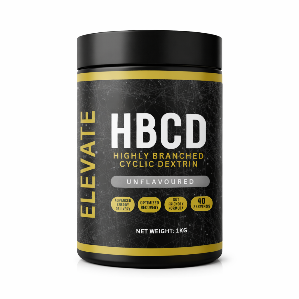 High-quality Elevate Highly Branched Cyclic Dextrin (HBCD) 1kg container, showing the premium supplement packaging.
